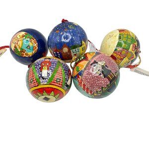 Hand Painted Paper Mache Christmas Ornaments Set Of 5 Multicolored Made In India